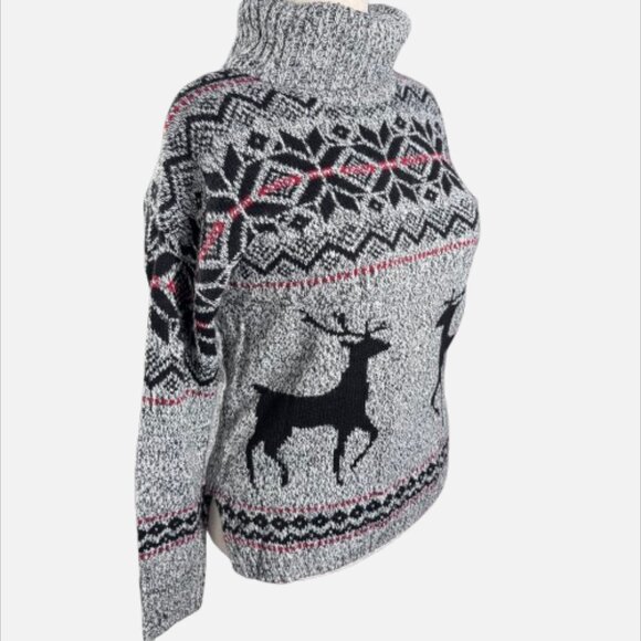 Kaisely Black Gray Red Fair Isle Reindeer Wool Blend Christmas Turtleneck (SZ L) - Picture 8 of 11